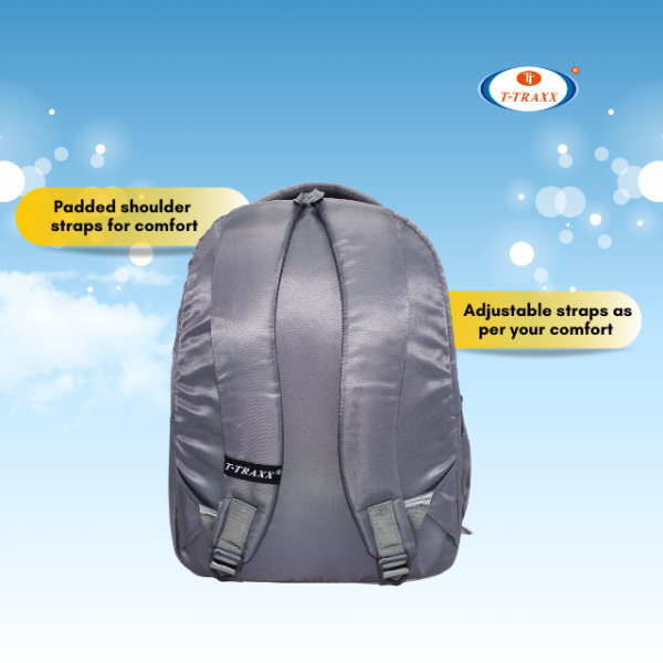 T-TRAXX backpack back view featuring broad padded shoulder straps and cushion handle