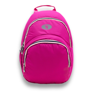 pink school backpack with front pockets and padded straps