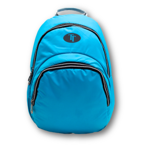 aqua blue school backpack with front zipper pocket and padded shoulder straps