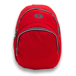 red school backpack with front zipper pocket and padded straps