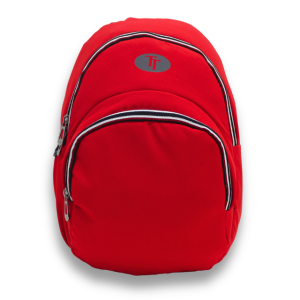 red school backpack with front zipper pocket and padded straps
