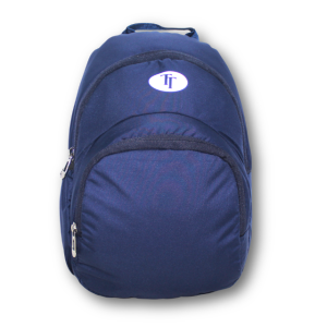 navy blue school backpack with front zipper pocket and padded shoulder straps