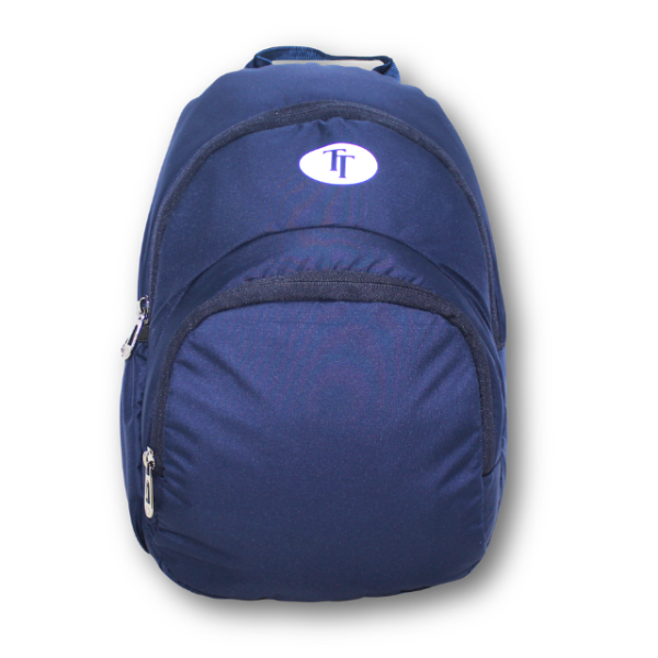 navy blue school backpack with front zipper pocket and padded shoulder straps